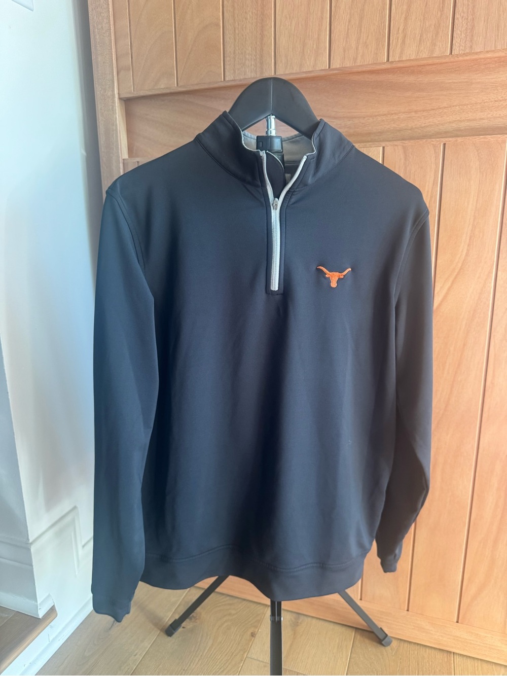 Peter Millar Black Quarter-Zip Pullover with Orange Longhorn Logo
